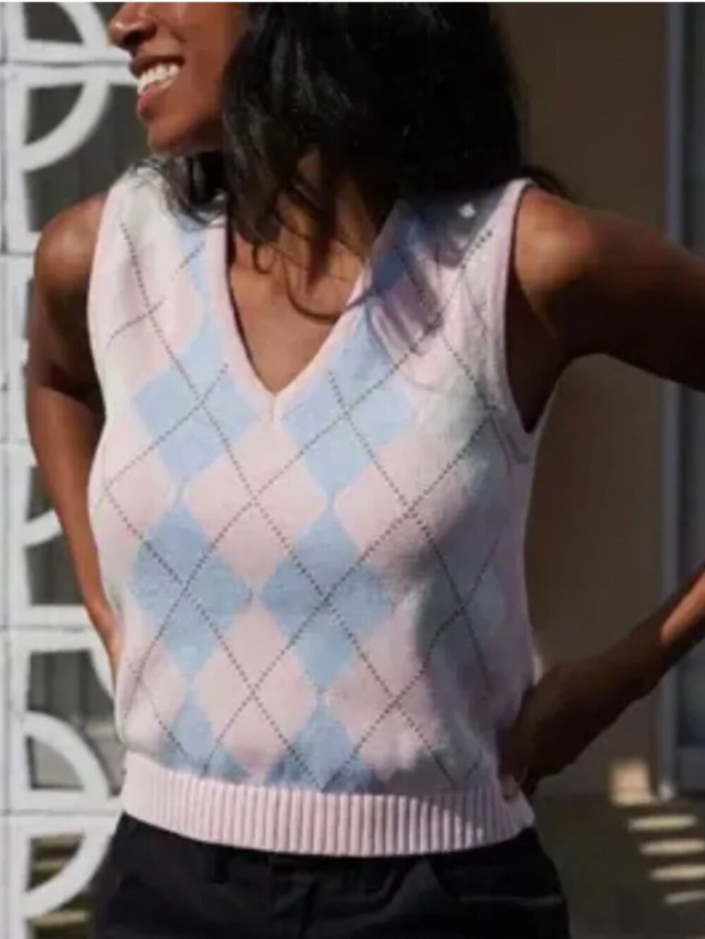 John Galt Brandy Melville Pink Argyle Sweater Vest Knit Size Small